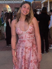Pink Floral Halter Corset Ruffled Long Prom Dress with High Slit