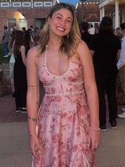 Pink Floral Halter Corset Ruffled Long Prom Dress with High Slit