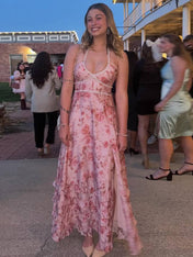 Pink Floral Halter Corset Ruffled Long Prom Dress with High Slit