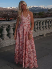 Pink Floral Halter Corset Ruffled Long Prom Dress with High Slit