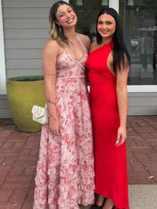 Pink Floral Halter Corset Ruffled Long Prom Dress with High Slit