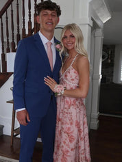 Pink Floral Halter Corset Ruffled Long Prom Dress with High Slit