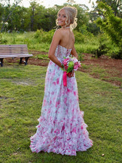 Pink Floral Halter Corset Ruffled Long Prom Dress with Slit