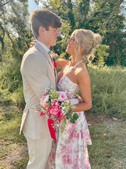 Pink Floral Halter Corset Ruffled Long Prom Dress with Slit