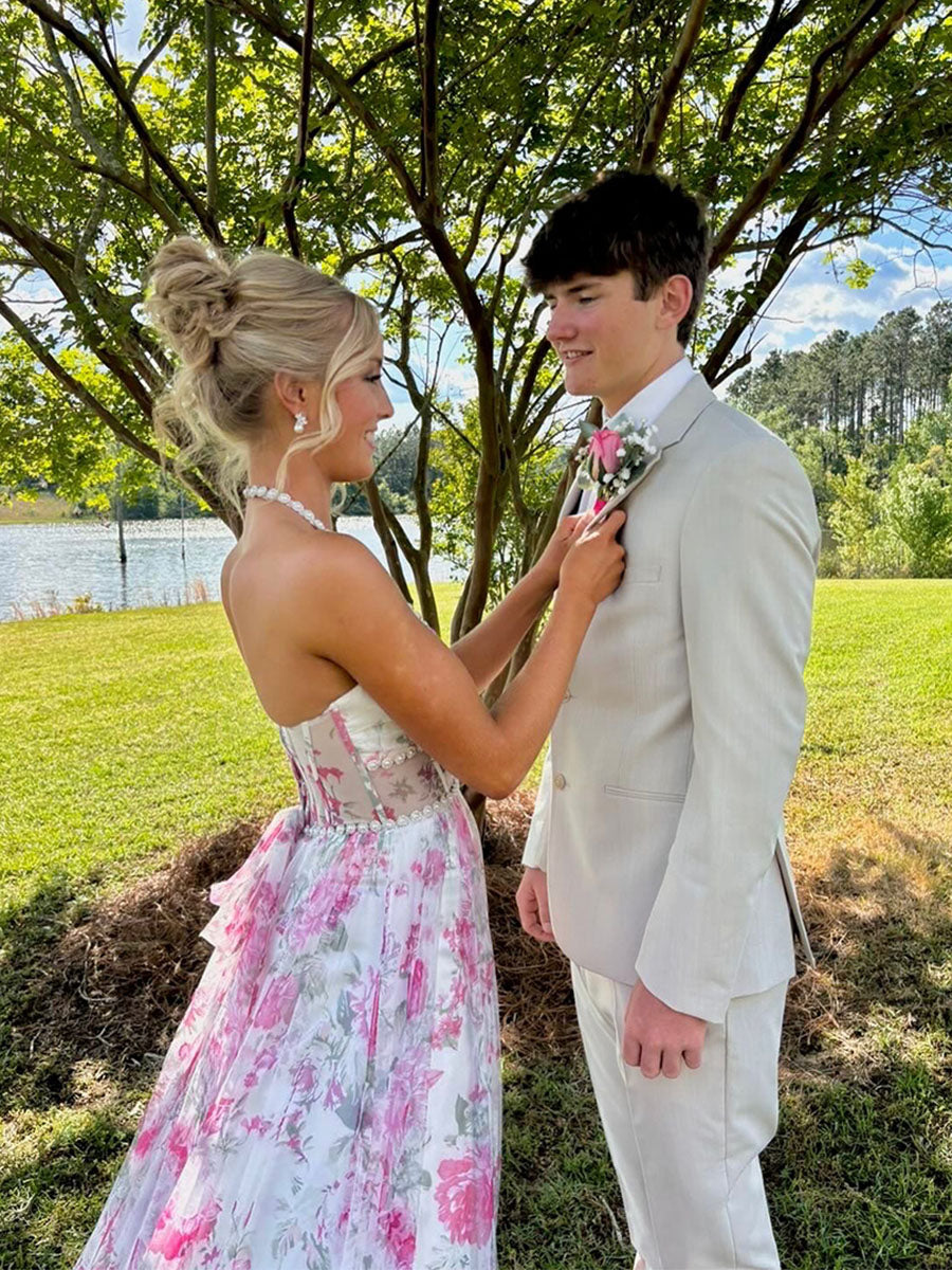 Pink Floral Halter Corset Ruffled Long Prom Dress with Slit