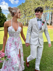 Pink Floral Halter Corset Ruffled Long Prom Dress with Slit