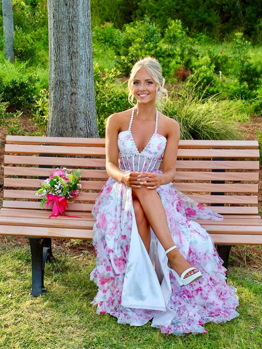 Pink Floral Halter Corset Ruffled Long Prom Dress with Slit