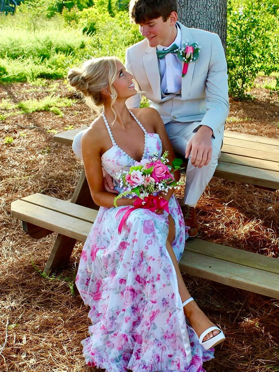 Pink Floral Halter Corset Ruffled Long Prom Dress with Slit