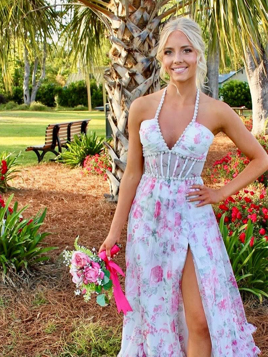 Pink Floral Halter Corset Ruffled Long Prom Dress with Slit