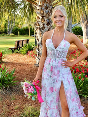 Pink Floral Halter Corset Ruffled Long Prom Dress with Slit