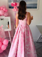 Pink Floral Jacquard Square Neck A-Line Prom Dress