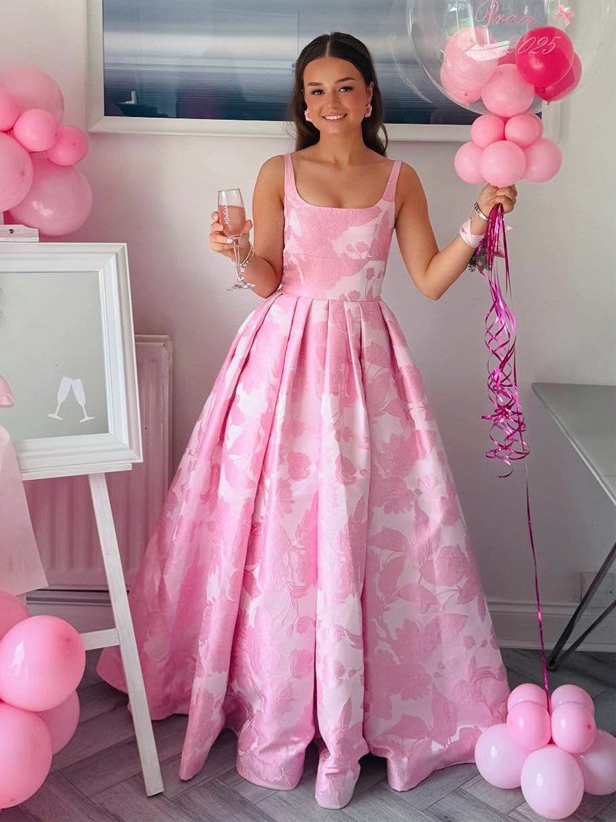 Pink Floral Jacquard Square Neck A-Line Prom Dress