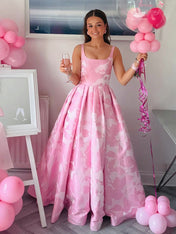 Pink Floral Jacquard Square Neck A-Line Prom Dress
