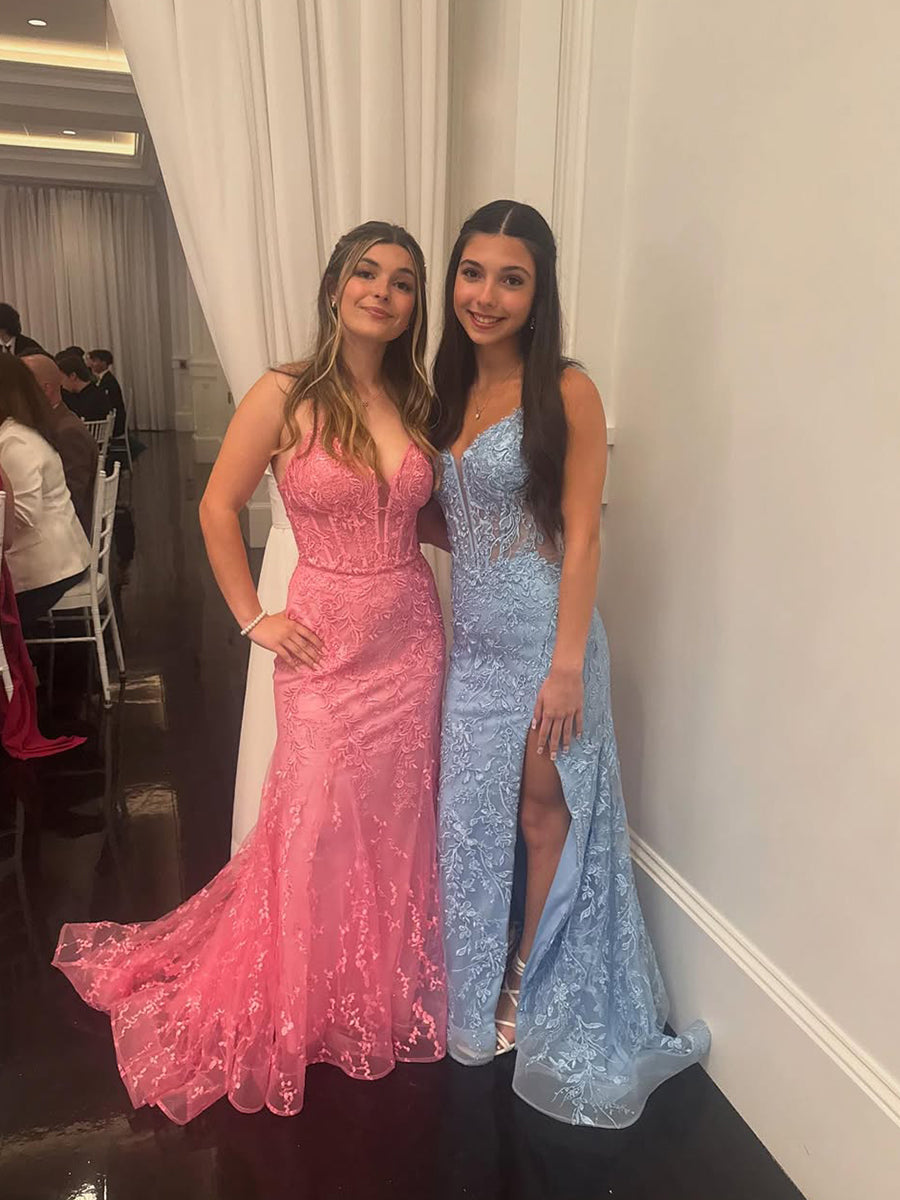 Pink Floral Lace Corset Bodice Mermaid Prom Dress with Plunging V-Neck