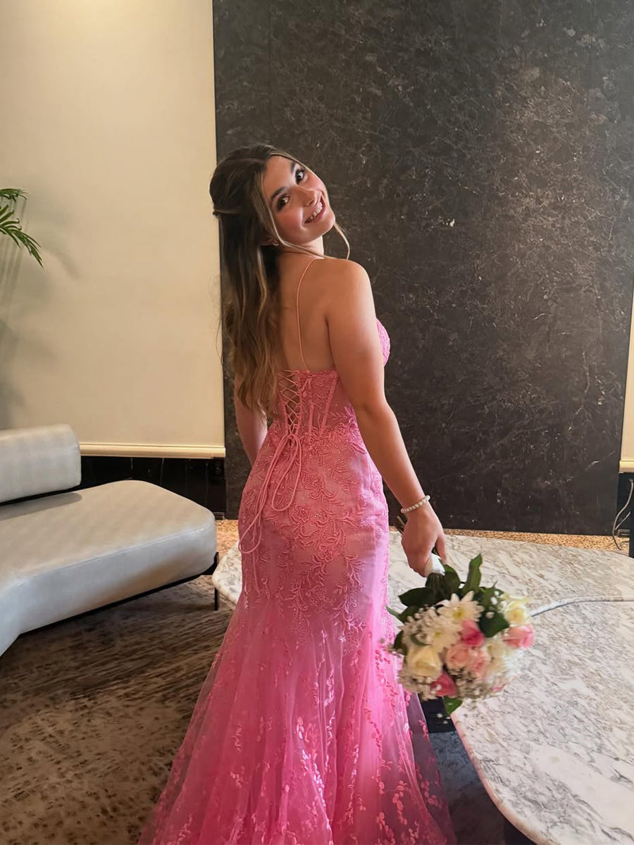Pink Floral Lace Corset Bodice Mermaid Prom Dress with Plunging V-Neck
