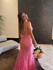 Pink Floral Lace Corset Bodice Mermaid Prom Dress with Plunging V-Neck