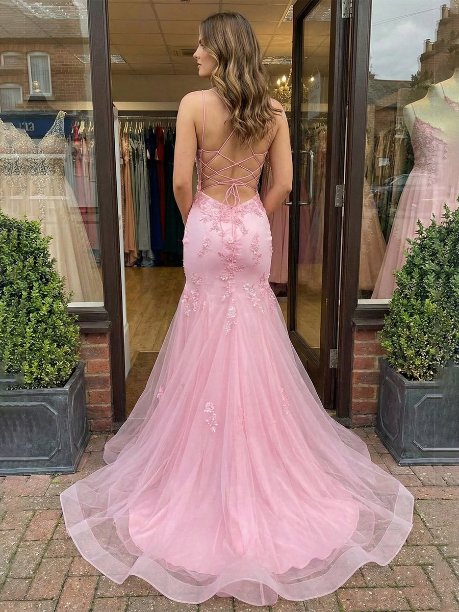 Pink Floral Lace Corset Mermaid Long Prom Dress