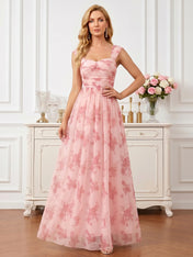 Pink Floral Print Chiffon Maxi Gown with Ruched Sweetheart Bodice Mother of the Bride Dresses