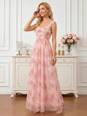 Pink Floral Print Chiffon Maxi Gown with Ruched Sweetheart Bodice Mother of the Bride Dresses