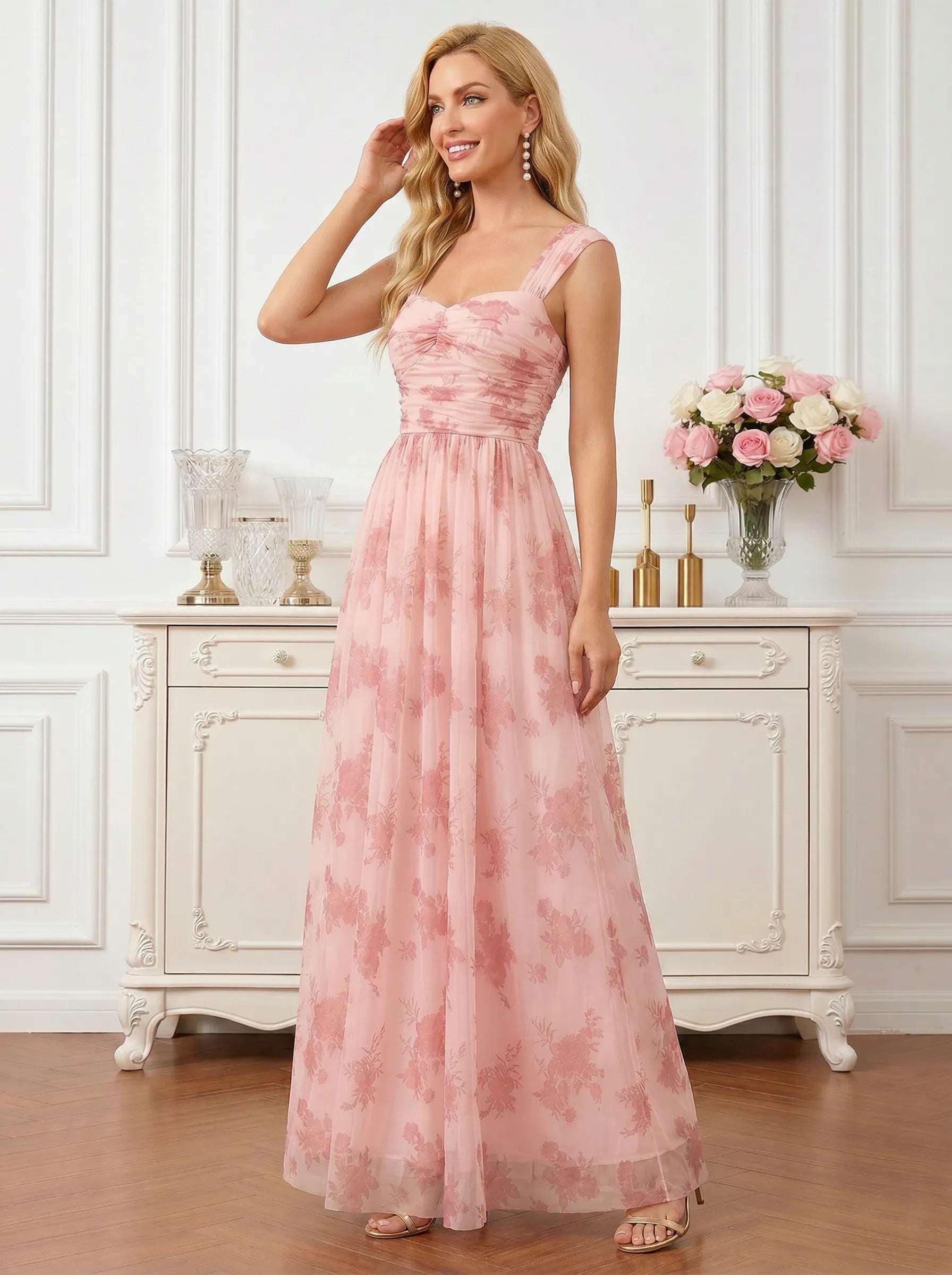 Pink Floral Print Chiffon Maxi Gown with Ruched Sweetheart Bodice Mother of the Bride Dresses