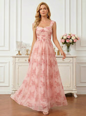 Pink Floral Print Chiffon Maxi Gown with Ruched Sweetheart Bodice Mother of the Bride Dresses