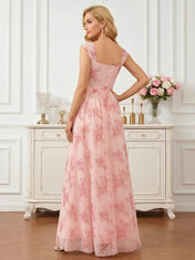 Pink Floral Print Chiffon Maxi Gown with Ruched Sweetheart Bodice Mother of the Bride Dresses