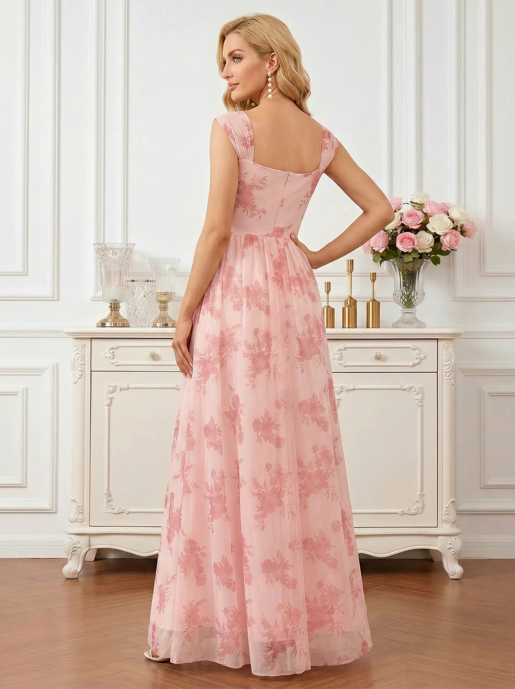 Pink Floral Print Chiffon Maxi Gown with Ruched Sweetheart Bodice Mother of the Bride Dresses