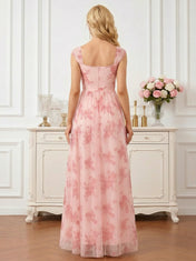 Pink Floral Print Chiffon Maxi Gown with Ruched Sweetheart Bodice Mother of the Bride Dresses