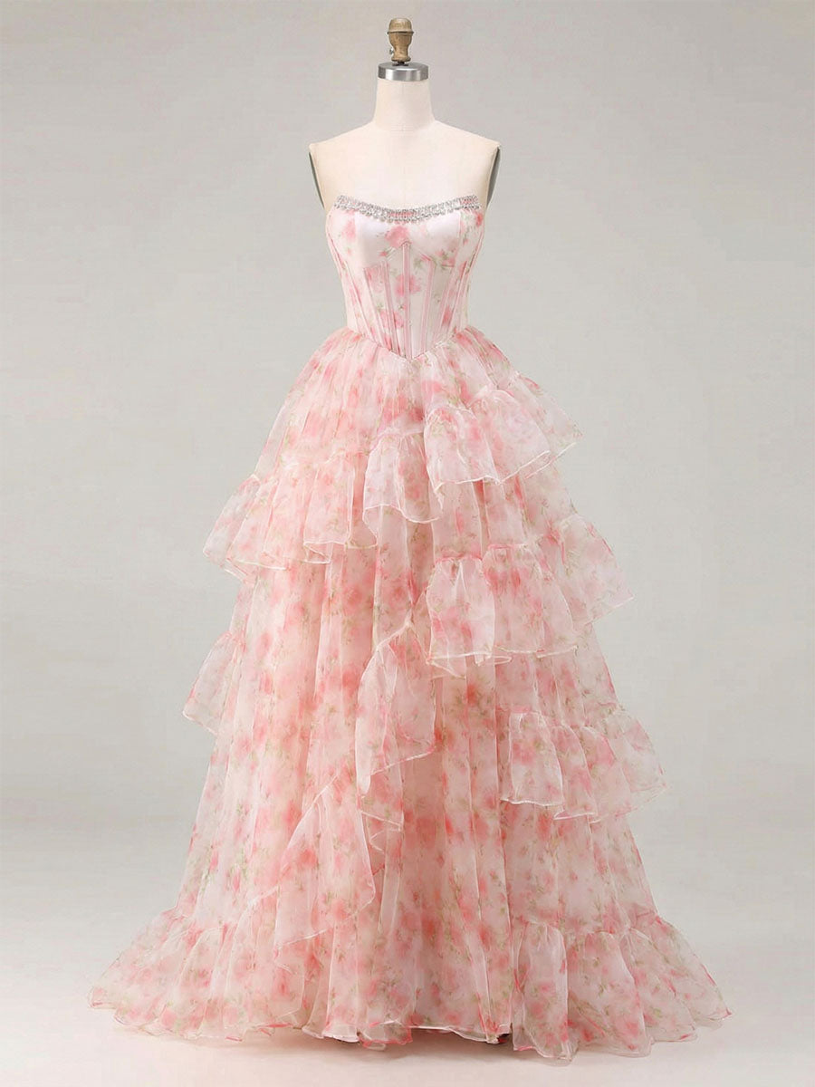PinkFloralPrintOrganzaStraplessCrystalTrimmedCorsetTieredPromDress_2.jpg