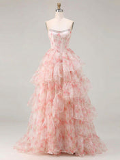 Pink Floral Print Organza Strapless Crystal Trimmed Corset Tiered Prom Dress