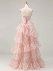 Pink Floral Print Organza Strapless Crystal Trimmed Corset Tiered Prom Dress