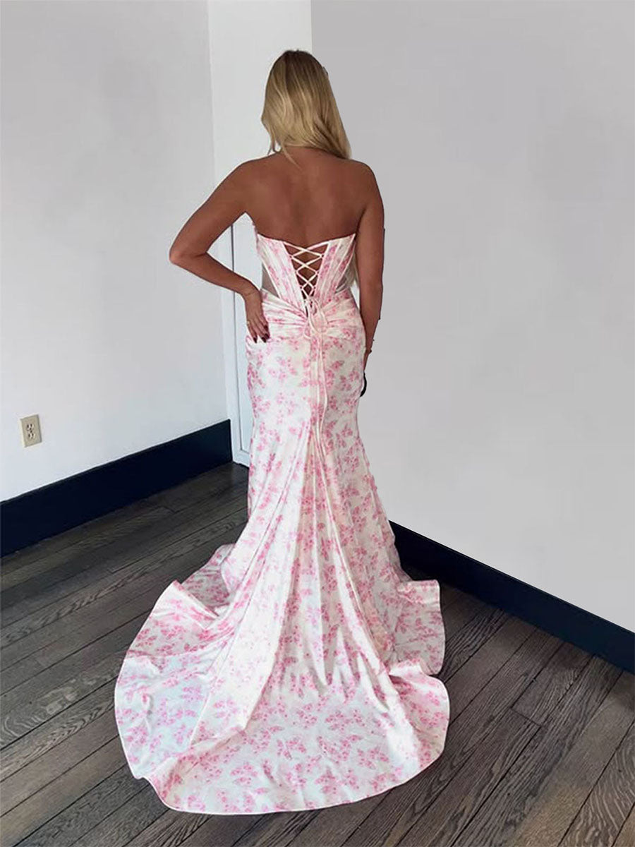 Dreamylily Prom Dress Pink Floral Print Satin Strapless Corset Evening Gown  with High Slit