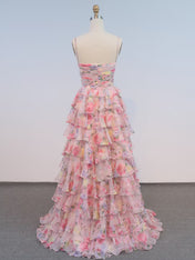 Pink Floral Print Tiered Ruffle Chiffon Long Prom Dress