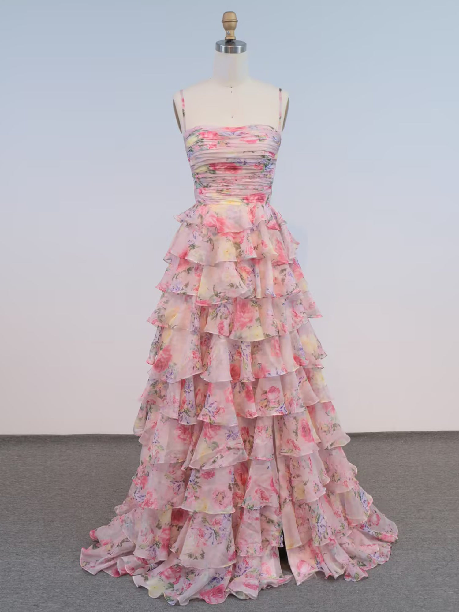 Pink Floral Print Tiered Ruffle Chiffon Long Prom Dress