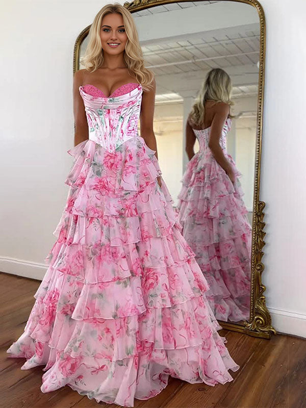 Pink Floral Ruffled Tiered Corset Long Prom Dress with Slit