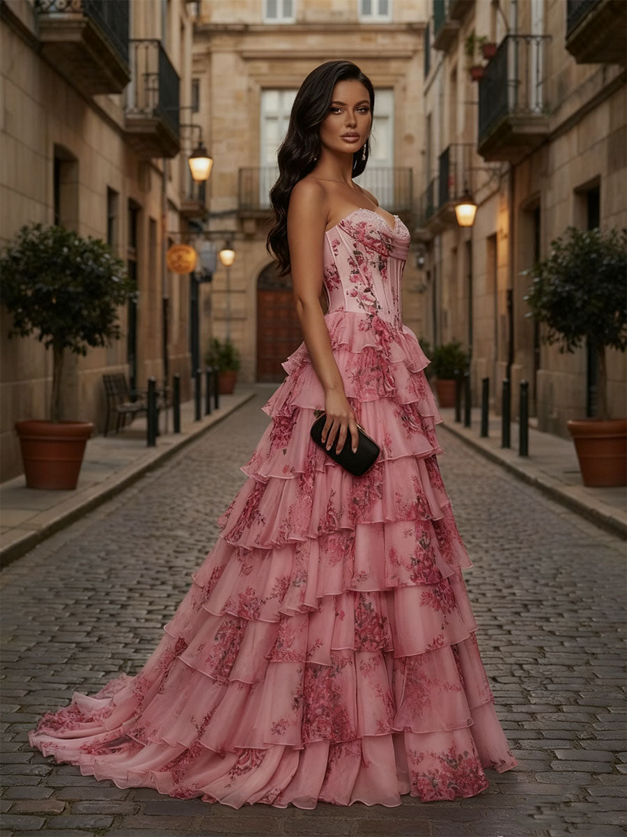 Pink Floral Strapless Chiffon Ruffle Corset Prom Dress with Slit