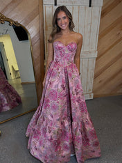 Pink Floral Strapless Jacquard Corset A-Line Prom Dress