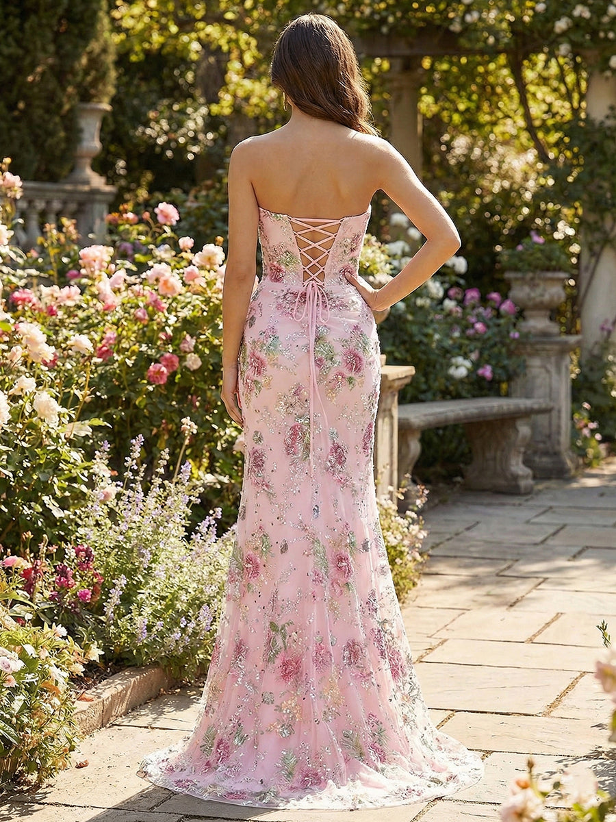Pink Floral Strapless Sequin Corset Prom Dress with Slit