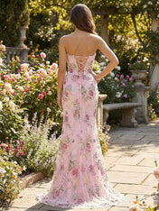 Pink Floral Strapless Sequin Corset Prom Dress with Slit
