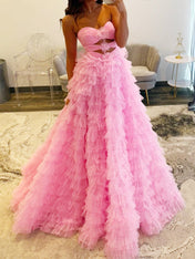 Pink Glitter Tulle Ruffled Prom Dress with Cutout Details