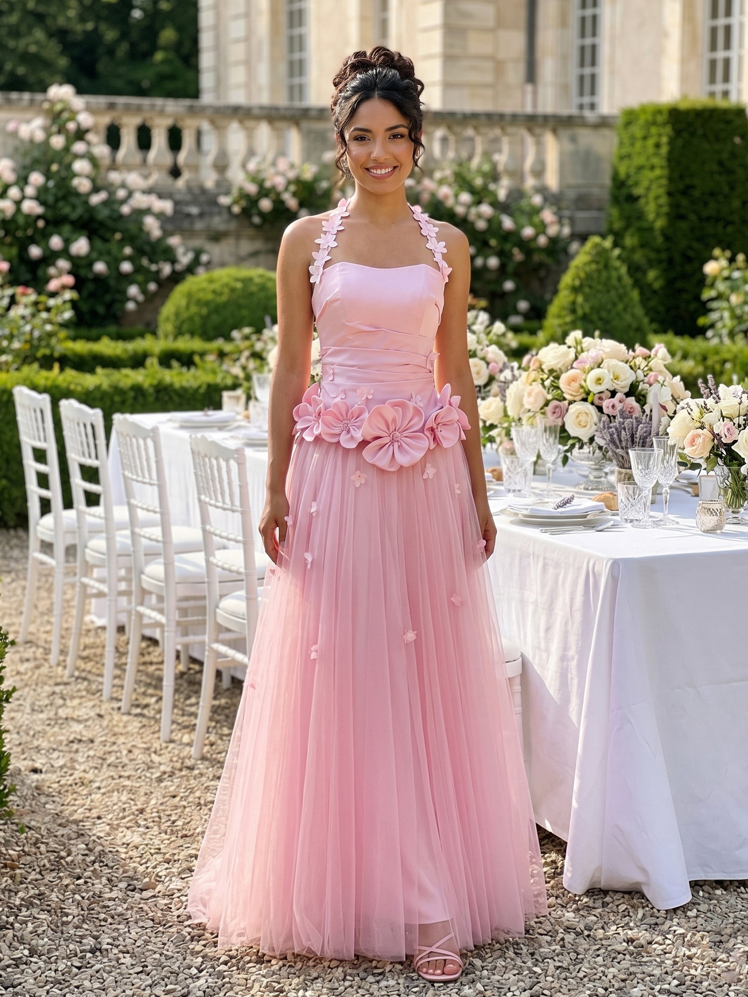 Pink Halter 3D Floral Tulle A-Line Long Prom Dress
