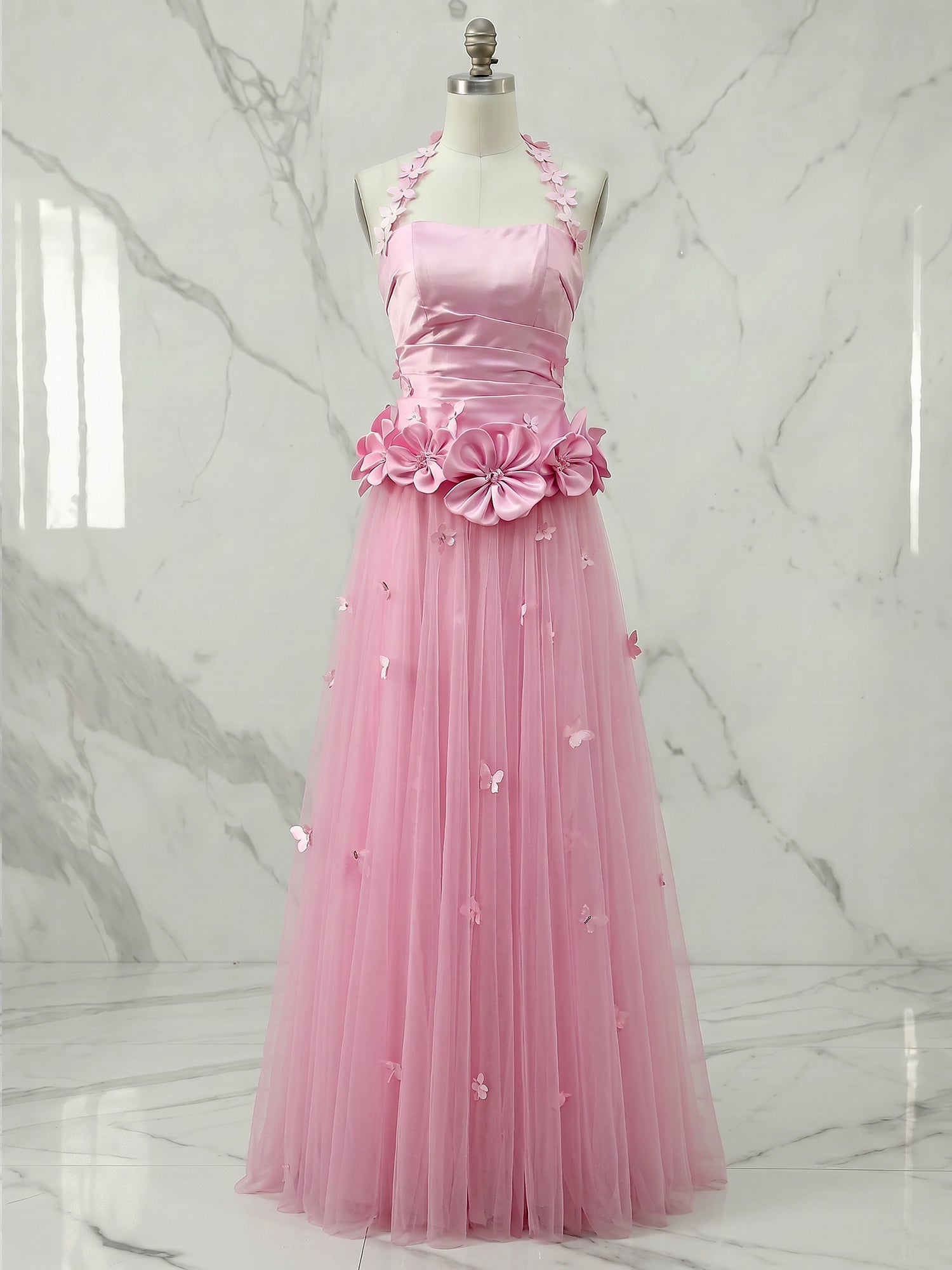 Pink Halter 3D Floral Tulle A-Line Long Prom Dress
