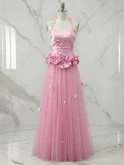 Pink Halter 3D Floral Tulle A-Line Long Prom Dress