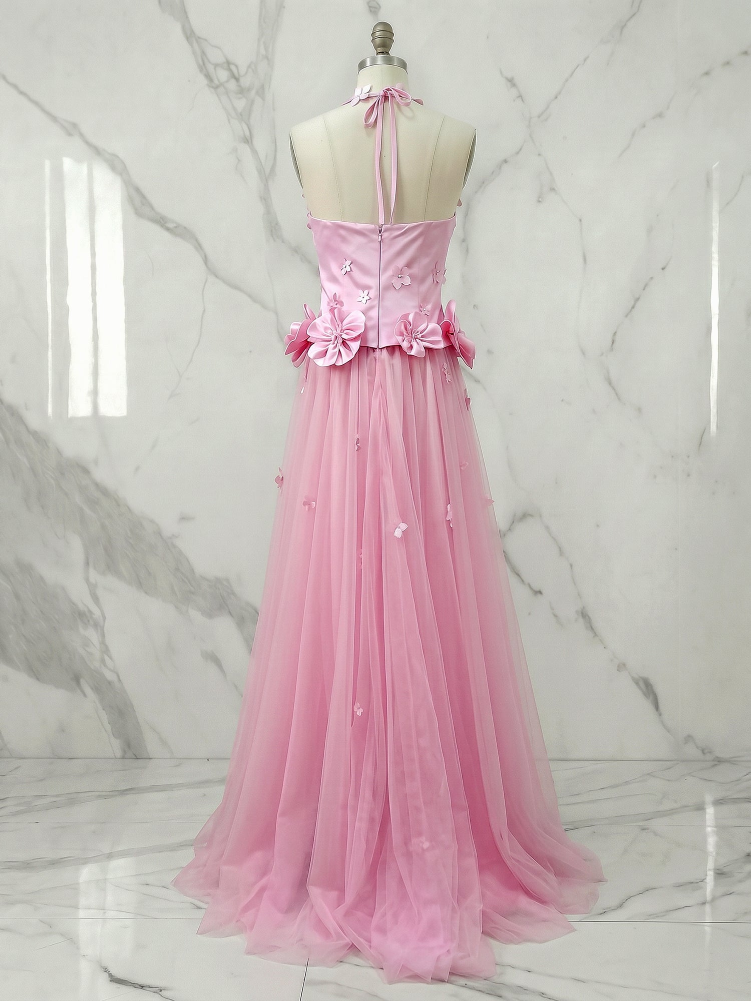Pink Halter 3D Floral Tulle A-Line Long Prom Dress