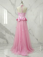 Pink Halter 3D Floral Tulle A-Line Long Prom Dress
