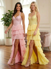 Pink Halter Beaded Corset Tiered Ruffle Long Prom Dress with Slit