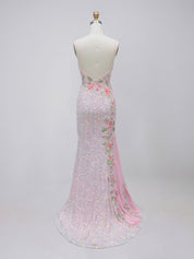 Pink Iridescent Sequin Mermaid Prom Dress with Asymmetrical Floral Embroidery