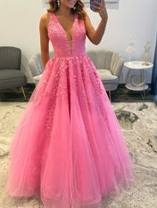 Pink Lace Appliqué Deep V-Neck Tulle Long Prom Dress