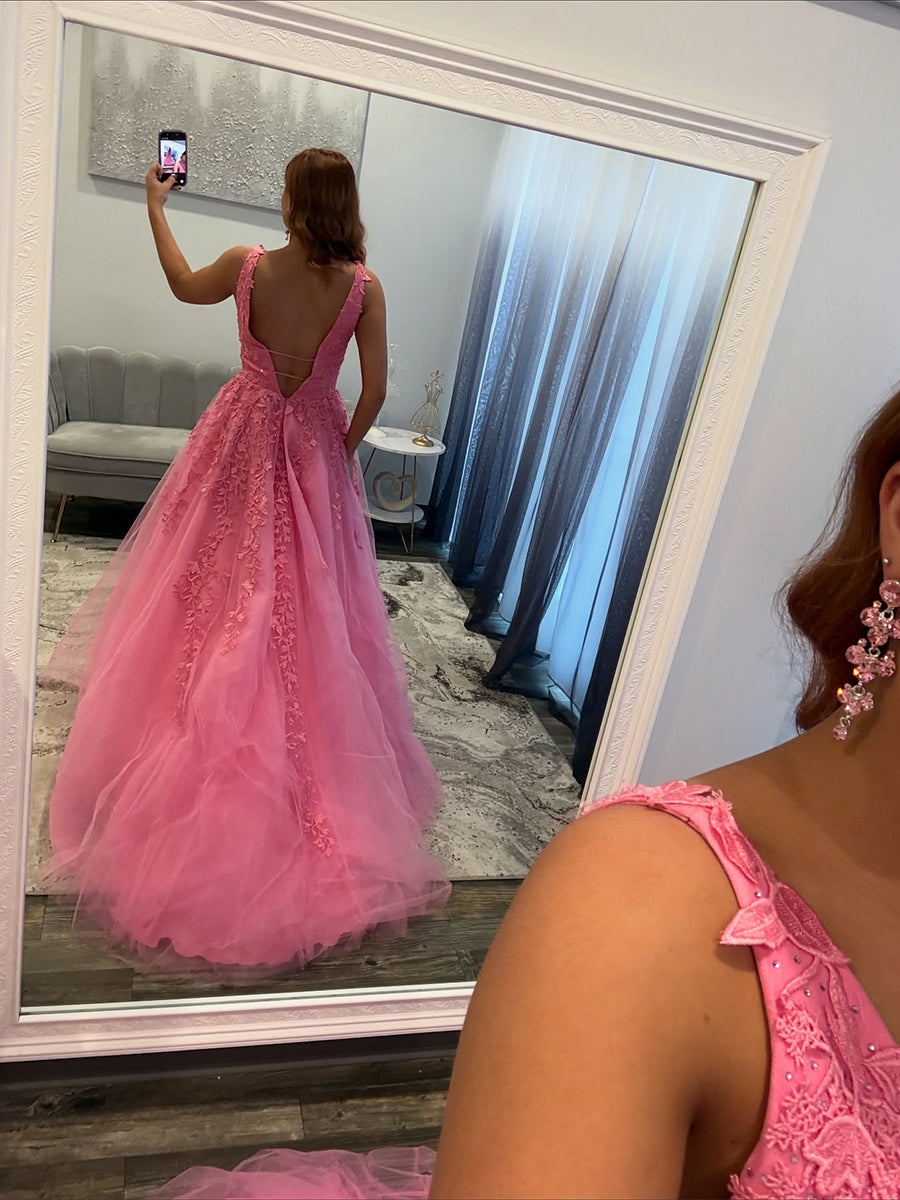 Pink Lace Appliqué Deep V-Neck Tulle Long Prom Dress