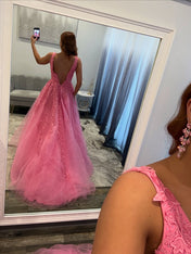 Pink Lace Appliqué Deep V-Neck Tulle Long Prom Dress